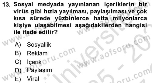 Dijital Medya ve Tüketici Dersi 2025 - 2026 Yılı Yaz Okulu Sınav Soruları 13. Soru