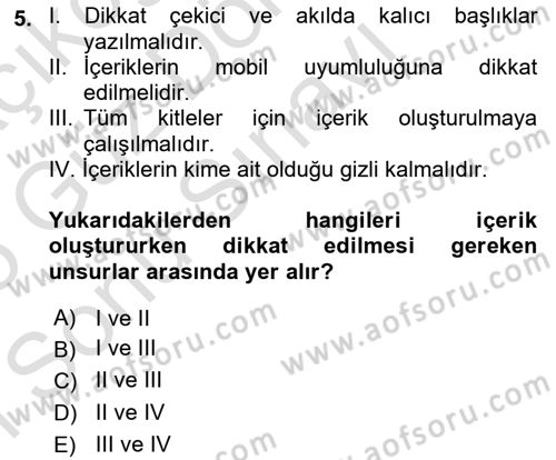 Sosyal Medya Yönetimi Dersi 2024 - 2025 Yılı (Final) Dönem Sonu Sınav Soruları 5. Soru