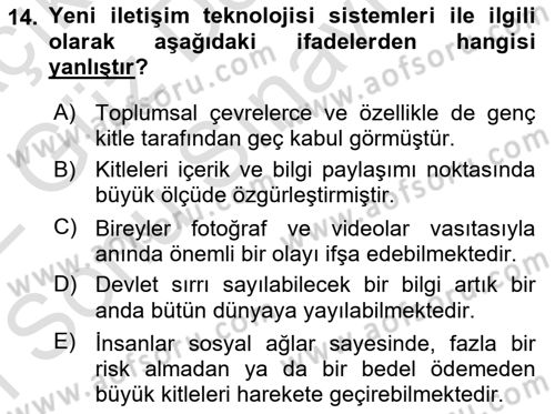 Sosyal Medya ve Propaganda Dersi 2021 - 2022 Yılı (Final) Dönem Sonu Sınav Soruları 14. Soru