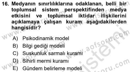 Sosyal Medya ve Siyasal İletişim Dersi 2020 - 2021 Yılı Yaz Okulu Sınav Soruları 16. Soru