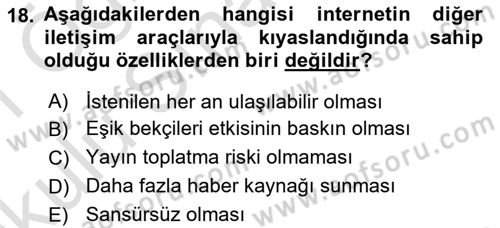 Sosyal Medya ve Siyasal İletişim Dersi 2020 - 2021 Yılı Yaz Okulu Sınav Soruları 18. Soru