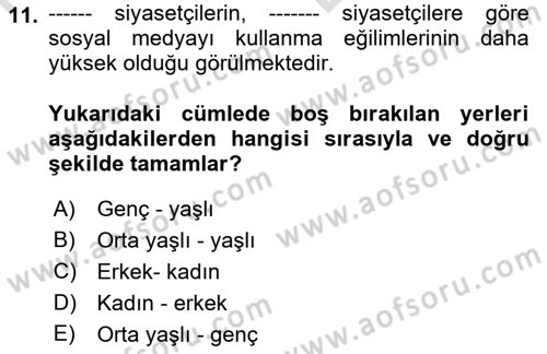 Sosyal Medya ve Siyasal İletişim Dersi 2021 - 2022 Yılı (Vize) Ara Sınav Soruları 11. Soru
