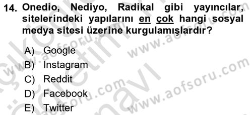 Sosyal Medya Araçları 2 Dersi 2020 - 2021 Yılı Yaz Okulu Sınav Soruları 14. Soru