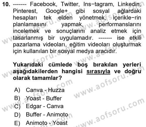 Sosyal Medya Araçları 1 Dersi 2020 - 2021 Yılı Yaz Okulu Sınav Soruları 10. Soru