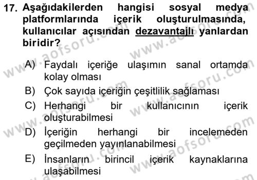 Sosyal Medya Araçları 1 Dersi 2020 - 2021 Yılı Yaz Okulu Sınav Soruları 17. Soru