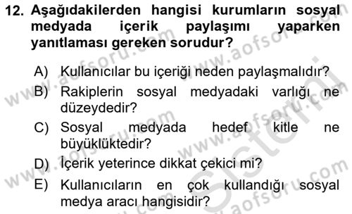 Sosyal Medya Araçları 1 Dersi 2021 - 2022 Yılı Yaz Okulu Sınav Soruları 12. Soru