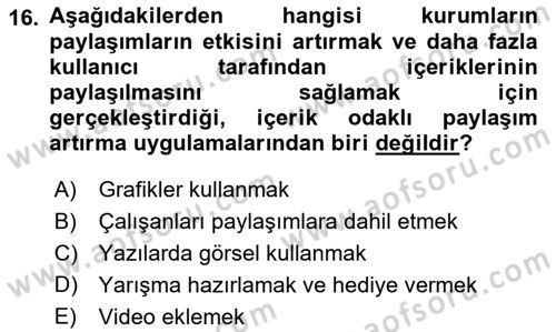 Sosyal Medya Araçları 1 Dersi 2021 - 2022 Yılı Yaz Okulu Sınav Soruları 16. Soru