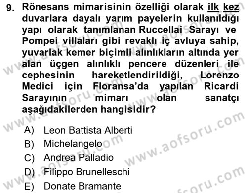 Sanat Tarihi Dersi 2022 - 2023 Yılı Yaz Okulu Sınavı 9. Soru