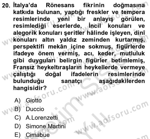 Sanat Tarihi Dersi 2023 - 2024 Yılı Yaz Okulu Sınav Soruları 20. Soru