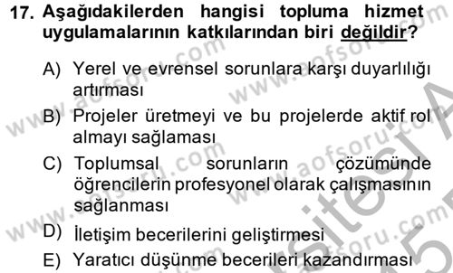 Topluma Hizmet Eğitimi Dersi 2014 - 2015 Yılı (Final) Dönem Sonu Sınav Soruları 17. Soru
