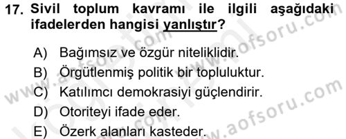 Topluma Hizmet Eğitimi Dersi 2015 - 2016 Yılı (Vize) Ara Sınav Soruları 17. Soru