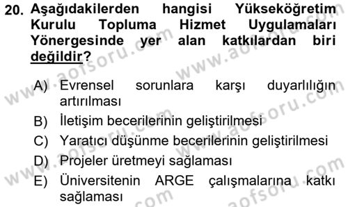 Topluma Hizmet Eğitimi Dersi 2015 - 2016 Yılı (Final) Dönem Sonu Sınav Soruları 20. Soru