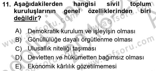 Topluma Hizmet Eğitimi Dersi 2016 - 2017 Yılı (Vize) Ara Sınav Soruları 11. Soru