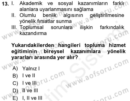 Topluma Hizmet Eğitimi Dersi 2017 - 2018 Yılı 3 Ders Sınav Soruları 13. Soru