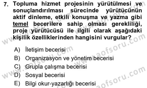 Topluma Hizmet Eğitimi Dersi 2017 - 2018 Yılı 3 Ders Sınav Soruları 7. Soru