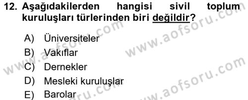 Topluma Hizmet Eğitimi Dersi 2017 - 2018 Yılı (Vize) Ara Sınav Soruları 12. Soru