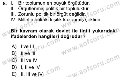 Topluma Hizmet Eğitimi Dersi 2017 - 2018 Yılı (Vize) Ara Sınav Soruları 8. Soru