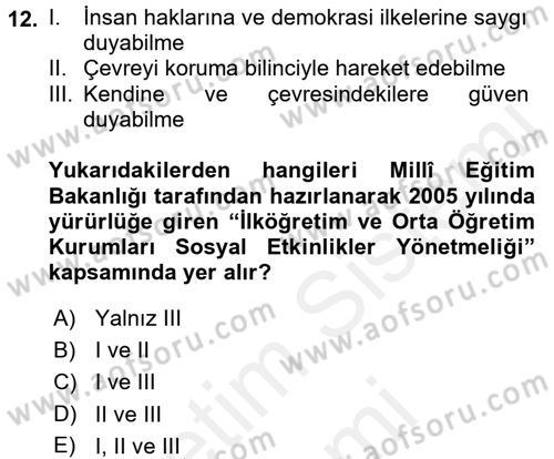 Topluma Hizmet Eğitimi Dersi 2017 - 2018 Yılı (Final) Dönem Sonu Sınav Soruları 12. Soru