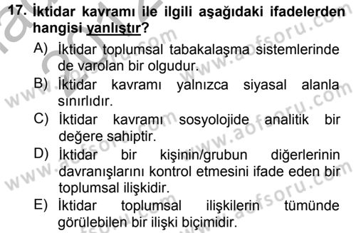 Sosyolojiye Giriş Dersi 2012 - 2013 Yılı (Vize) Ara Sınav Soruları 17. Soru