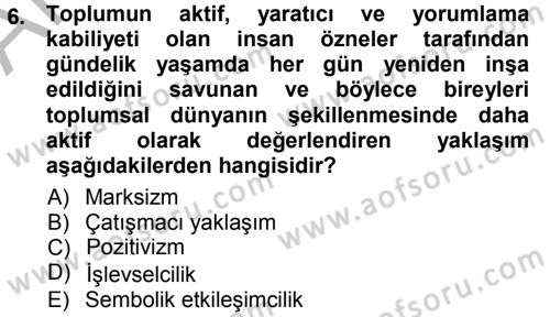 Sosyolojiye Giriş Dersi 2012 - 2013 Yılı (Vize) Ara Sınav Soruları 6. Soru