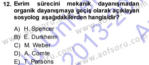 Sosyolojiye Giriş Dersi 2013 - 2014 Yılı (Vize) Ara Sınav Soruları 12. Soru