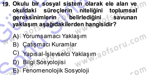 Sosyolojiye Giriş Dersi 2013 - 2014 Yılı (Final) Dönem Sonu Sınav Soruları 19. Soru
