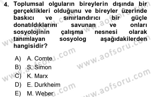 Sosyolojiye Giriş Dersi 2015 - 2016 Yılı Tek Ders Sınav Soruları 4. Soru