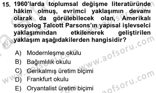 Sosyolojiye Giriş Dersi 2016 - 2017 Yılı (Vize) Ara Sınav Soruları 15. Soru