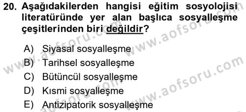 Sosyolojiye Giriş Dersi 2017 - 2018 Yılı 3 Ders Sınavı 20. Soru