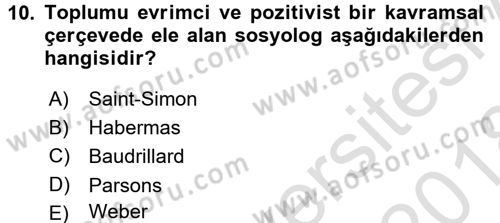 Sosyolojiye Giriş Dersi 2017 - 2018 Yılı (Vize) Ara Sınavı 10. Soru