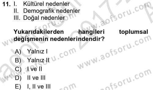 Sosyolojiye Giriş Dersi 2017 - 2018 Yılı (Vize) Ara Sınavı 11. Soru