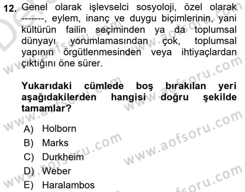 Sosyolojiye Giriş Dersi 2018 - 2019 Yılı 3 Ders Sınav Soruları 12. Soru