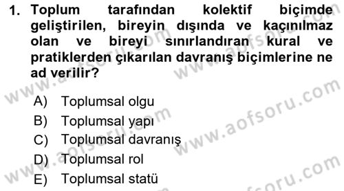 Sosyolojiye Giriş Dersi 2018 - 2019 Yılı (Vize) Ara Sınav Soruları 1. Soru