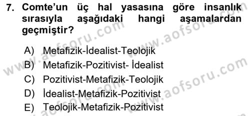 Sosyolojiye Giriş Dersi 2018 - 2019 Yılı (Vize) Ara Sınav Soruları 7. Soru