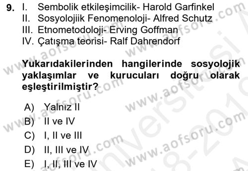 Sosyolojiye Giriş Dersi 2018 - 2019 Yılı (Vize) Ara Sınav Soruları 9. Soru