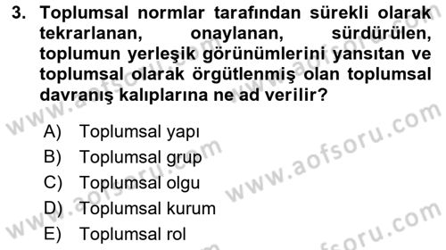 Sosyolojiye Giriş Dersi 2018 - 2019 Yılı (Final) Dönem Sonu Sınav Soruları 3. Soru