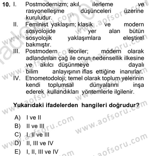 Sosyolojiye Giriş Dersi 2019 - 2020 Yılı (Vize) Ara Sınav Soruları 10. Soru