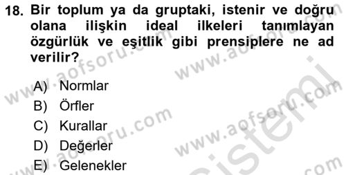 Sosyolojiye Giriş Dersi 2019 - 2020 Yılı (Final) Dönem Sonu Sınav Soruları 18. Soru
