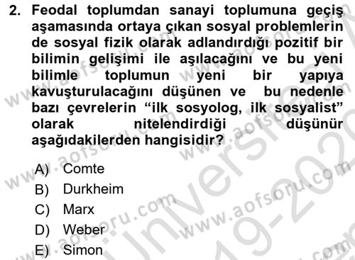 Sosyolojiye Giriş Dersi 2019 - 2020 Yılı (Final) Dönem Sonu Sınav Soruları 2. Soru