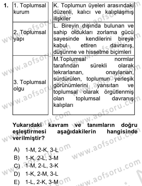 Sosyolojiye Giriş Dersi 2020 - 2021 Yılı Yaz Okulu Sınavı 1. Soru