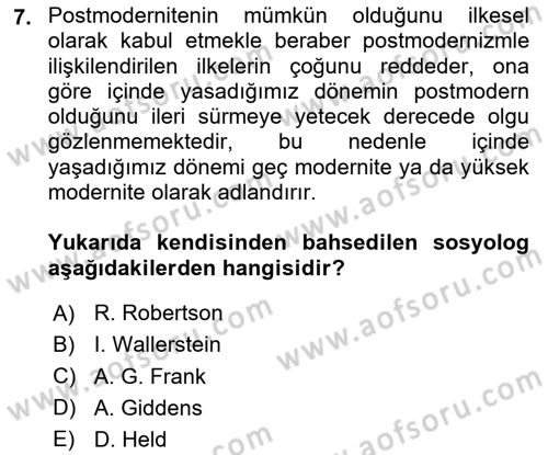 Sosyolojiye Giriş Dersi 2020 - 2021 Yılı Yaz Okulu Sınavı 7. Soru