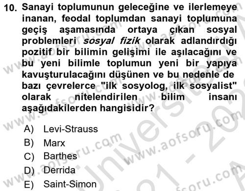 Sosyolojiye Giriş Dersi 2021 - 2022 Yılı (Vize) Ara Sınavı 10. Soru