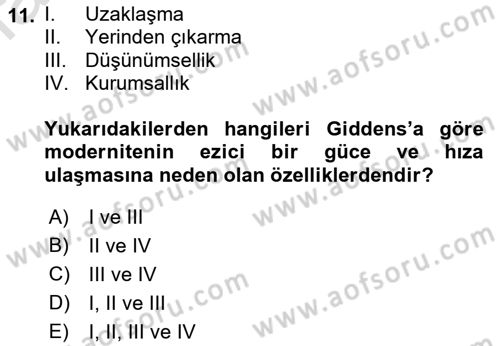 Sosyolojiye Giriş Dersi 2021 - 2022 Yılı (Vize) Ara Sınavı 11. Soru