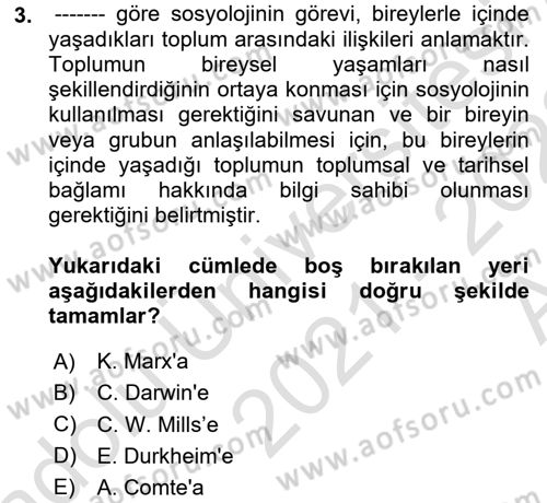 Sosyolojiye Giriş Dersi 2021 - 2022 Yılı (Vize) Ara Sınavı 3. Soru