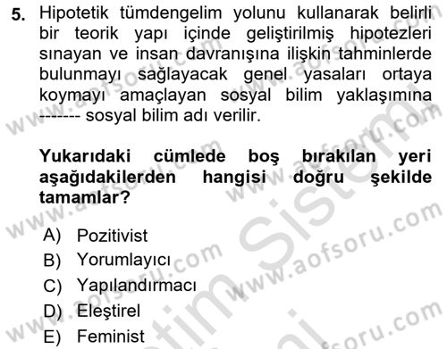 Sosyolojiye Giriş Dersi 2021 - 2022 Yılı (Vize) Ara Sınavı 5. Soru