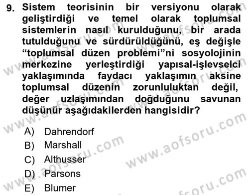 Sosyolojiye Giriş Dersi 2021 - 2022 Yılı (Vize) Ara Sınavı 9. Soru