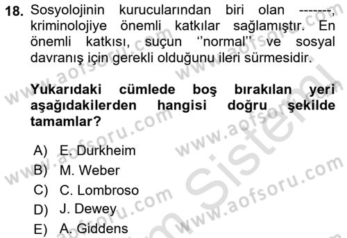 Sosyolojiye Giriş Dersi 2021 - 2022 Yılı Yaz Okulu Sınavı 18. Soru