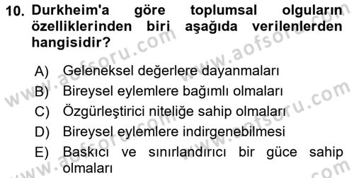 Sosyolojiye Giriş Dersi 2022 - 2023 Yılı (Vize) Ara Sınavı 10. Soru