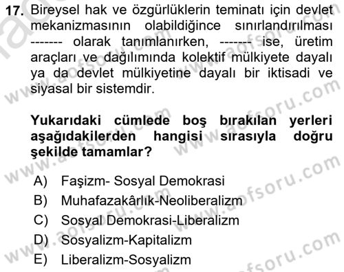 Sosyolojiye Giriş Dersi 2022 - 2023 Yılı (Vize) Ara Sınavı 17. Soru