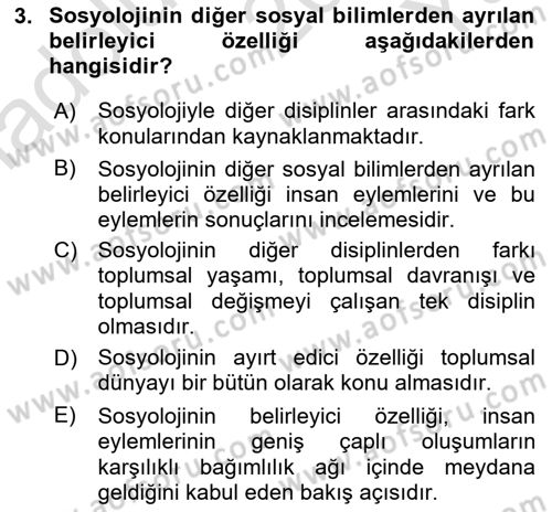 Sosyolojiye Giriş Dersi 2022 - 2023 Yılı Yaz Okulu Sınav Soruları 3. Soru